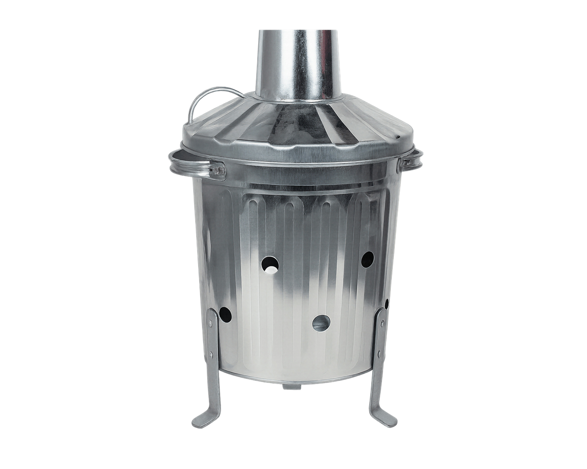 A galvanised incinerator, turning as the page scrolls